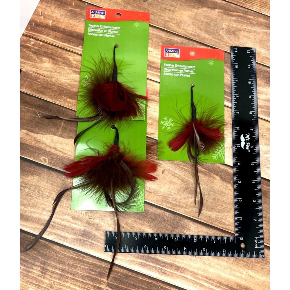 279707 3 PACK Feather Embellishment Decor For Crafts & Projects RED / BROWN